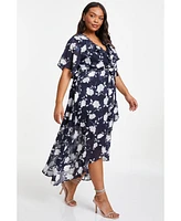 Quiz Women's Stencil Floral Wrap Frill Sleeve Midi Dress