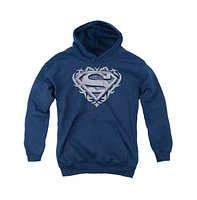 Superman Boys Youth Tribal Steel Shield Pull Over Hoodie / Hooded Sweatshirt