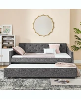 Simplie Fun Full Size Daybed With Twin Size Trundle Upholstered Tufted Sofa Bed, Waved Shape Arms, Grey