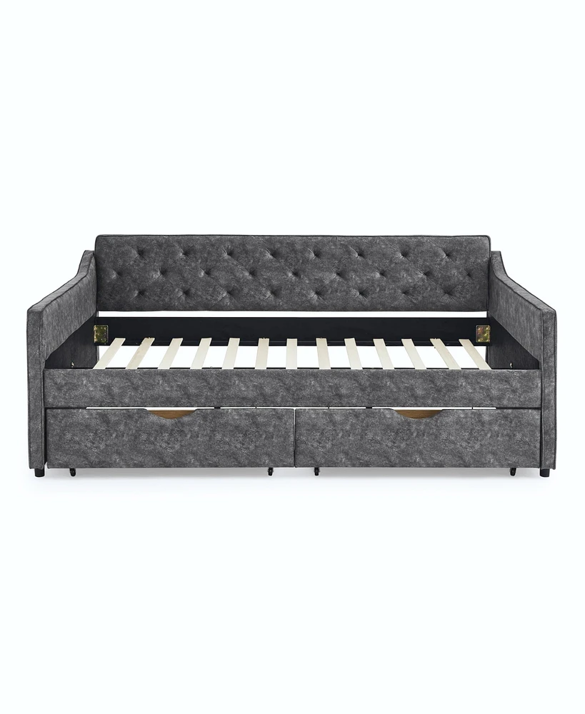 Simplie Fun Queen Size Daybed With Drawers Upholstered Tufted Sofa Bed, With Button On Back On Waved Shape Arms