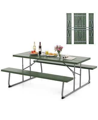 Gymax Folding Picnic Table w/ 2 Benches 6 Ft Camping Table Set w/ All-Weather Hdpe Tabletop