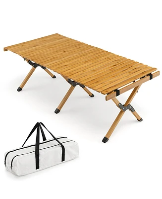 Gymax Portable Folding Bamboo Camping Table w/ Carry Bag Outdoor & Indoor Natural
