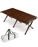 Gymax Portable Folding Bamboo Camping Table w/ Carry Bag Outdoor & Indoor Natural