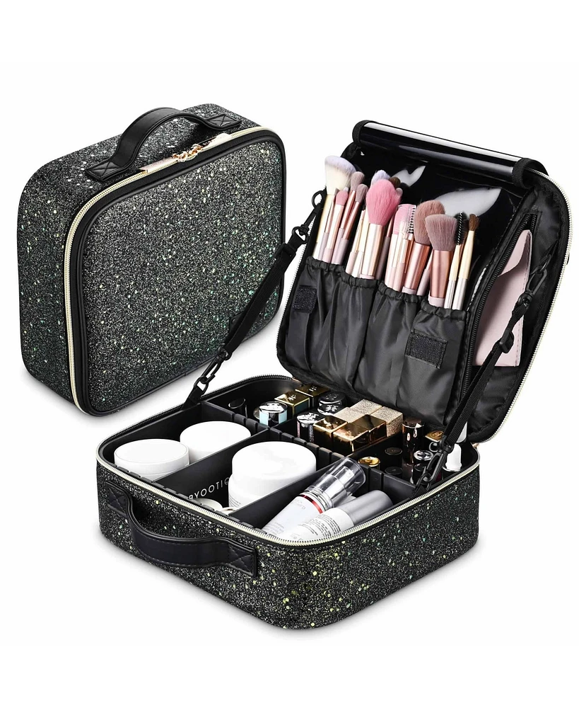 Byootique Portable Glitter Makeup Train Case Brush Holder Cosmetic Bag Travel