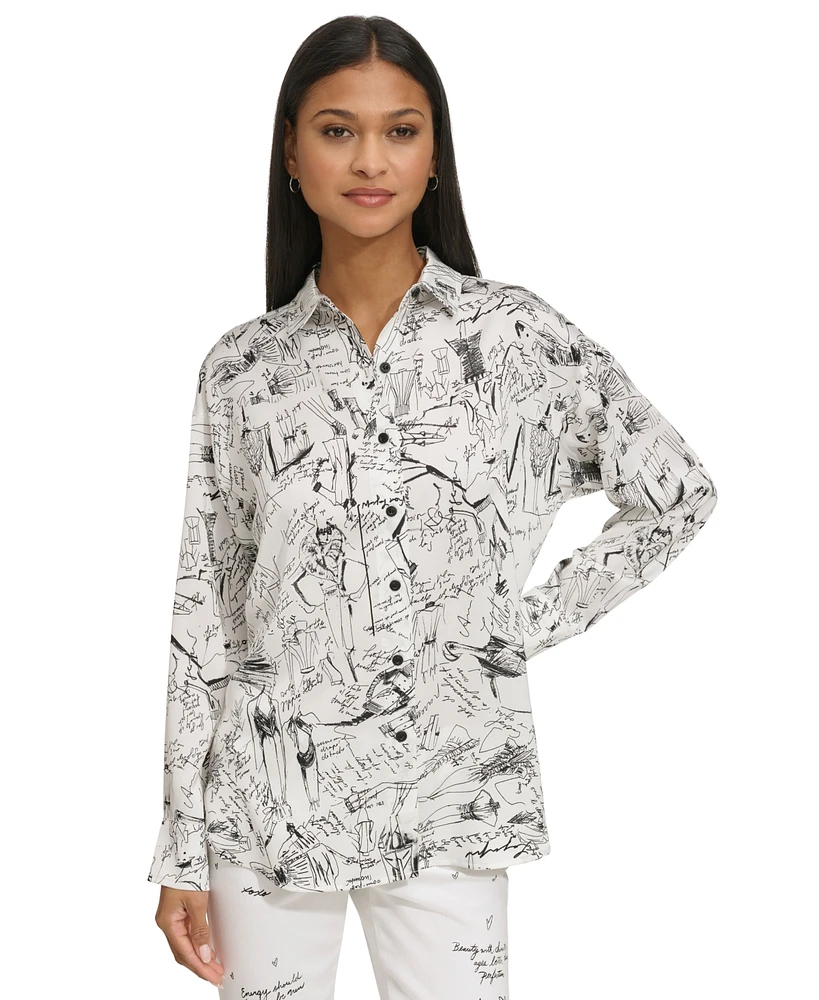 Karl Lagerfeld Paris Women's Sketch-Print Oversized Blouse