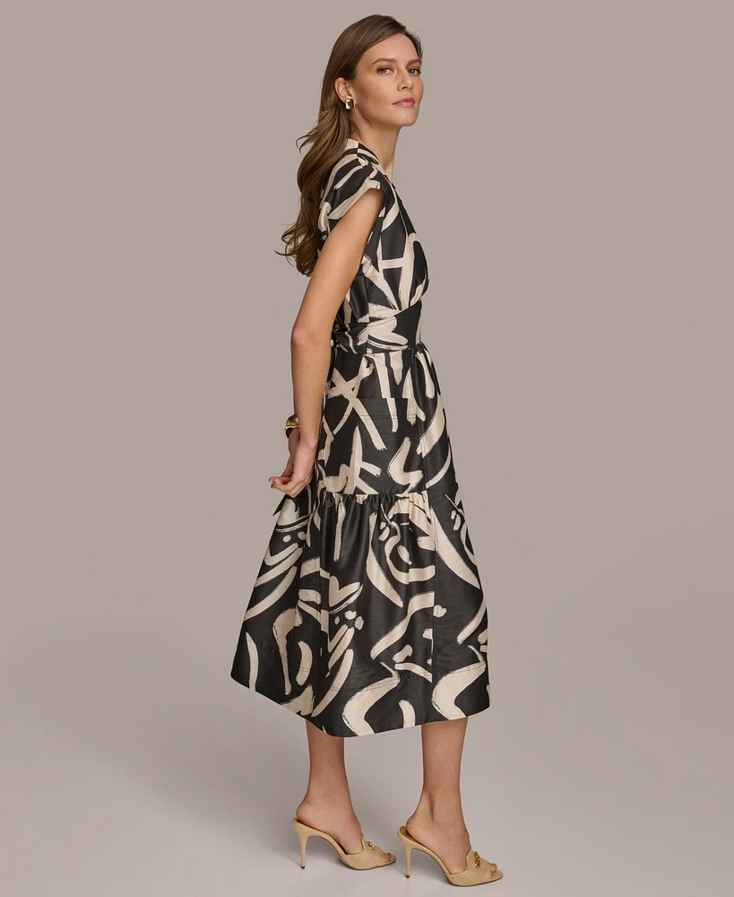 Donna Karan Women's Printed V-Neck A-Line Midi Dress