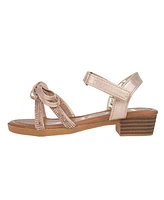 Bebe Big Girl's Stack Heel Sandal with Rhinestone Vamp Straps and Self to Upper Bow Polyurethane Sandals