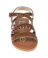 Bebe Big Girl's Stack Heel Sandal with Metallic Weaved Strap and Butterfly Chop Out Polyurethane Sandals