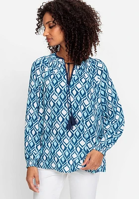 Olsen Women's Long Sleeve Ikat Print Tunic Blouse