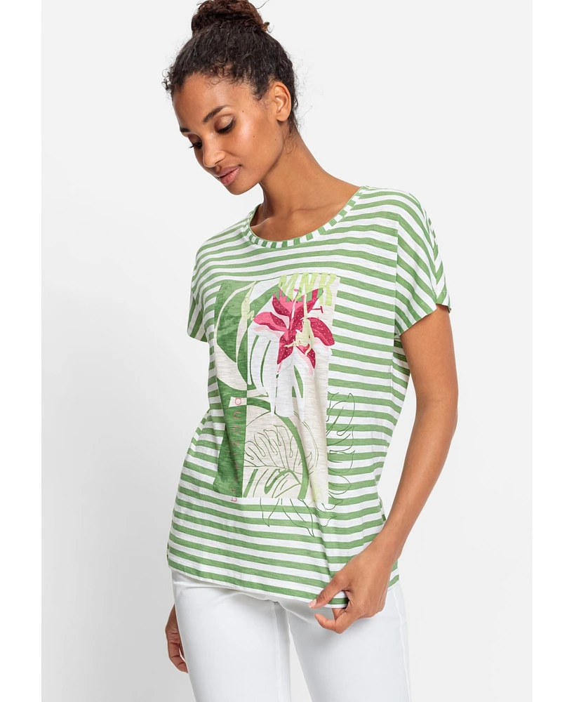 Olsen 100% Organic Cotton Short Sleeve Stripe and Placement Print T-Shirt