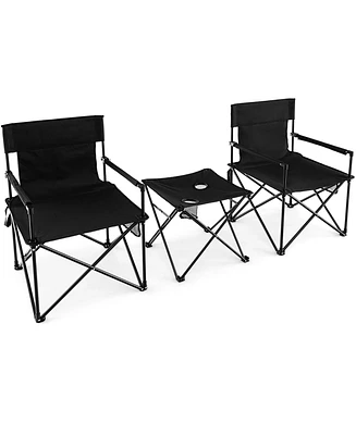 Gymax Folding Camping Chair Set of 3 Portable Lawn Chair & Side Table w/ 2 Cup Holders