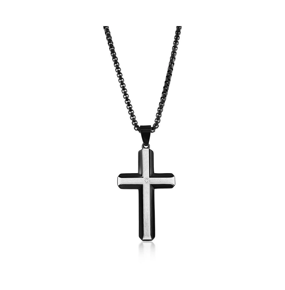 Metallo Stainless Steel Sand Blasted Single Cz Cross Black Plated Necklace