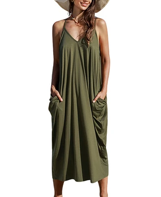 Cupshe Women's Olive Sleeveless V-Neck Loose Fit Maxi Beach Dress