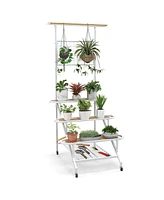 Costway 4-Tier Hanging Plant Stand Ladder Plant Shelf with Hanging Bar & Trellis