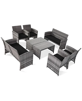 Gymax 8PCS Patio Outdoor Rattan Conversation Furniture Set w/ Black Cushion