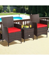 Gymax 3PCS Outdoor Rattan Conversation Set Patio Furniture Set w/ Red Cushions