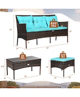 Gymax 3PCS Patio Rattan Sectional Conversation Furniture Set w/ Turqouise Cushions