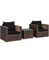 Gymax 3PCS Rattan Patio Outdoor Conversation Furniture Set w/ Cushions