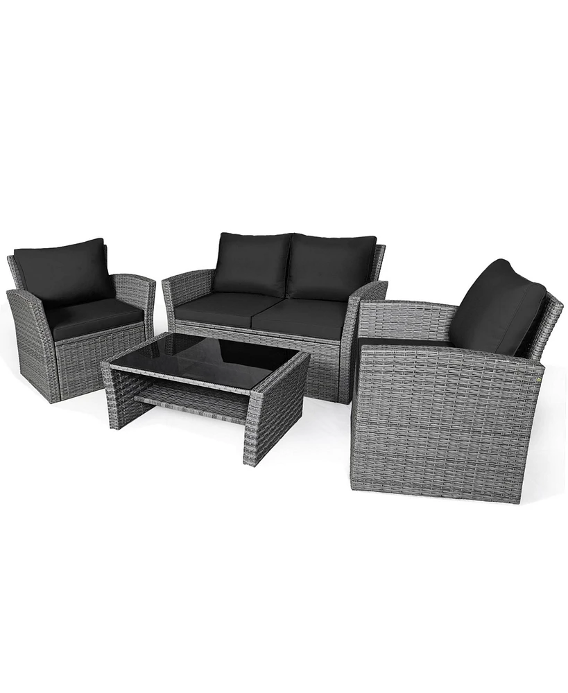 Gymax 4PCS Patio Rattan Conversation Set Outdoor Furniture Set w/ Black Cushions