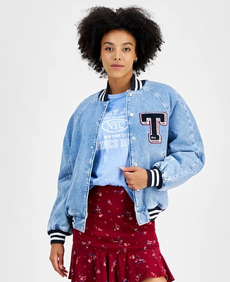 Tommy Jeans Women's Denim Snap-Front Cotton Letterman Jacket