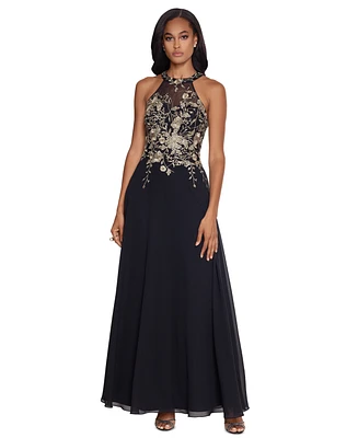 Betsy & Adam Petite Sleeveless Floral-Applique Illusion Gown