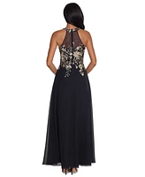 Betsy & Adam Petite Sleeveless Floral-Applique Illusion Gown