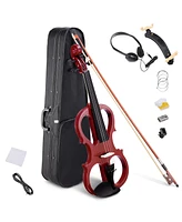 Yescom 4/4 Full Size Electric Violin Wood Silent Fiddle Bow Headphone Case Jujube Red