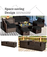 Inolait 8 Pieces Patio Space-Saving Rattan Conversation Sets with Storage Box and Waterproof Cover