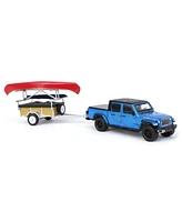 Greenlight Collectibles 1/64 Jeep Gladiator Hydro Blue, Canoe Trailer with Canoe Rack, Hitch & Tow