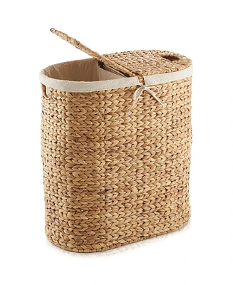 Casafield Oval Laundry Hamper with Lids and Removable Liner Bags - Natural, Woven Water Hyacinth 2-Section Laundry Basket for Clothes and Towels