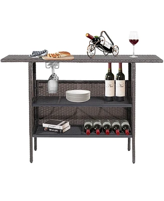 Sugift Outdoor Wicker Bar Table with 2 Metal Mesh Shelves