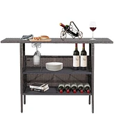 Sugift Outdoor Wicker Bar Table with 2 Metal Mesh Shelves