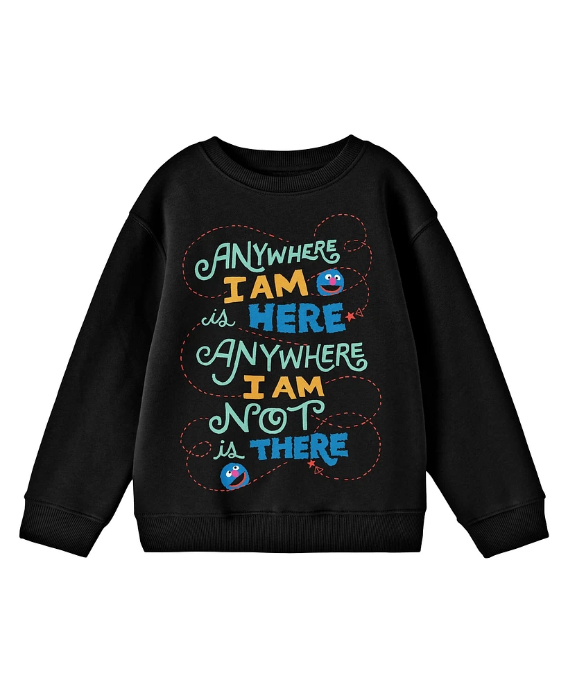 Sesame Street Boys Bioworld Grover "Anywhere I Am..." Youth Black Crew Neck Sweatshirt