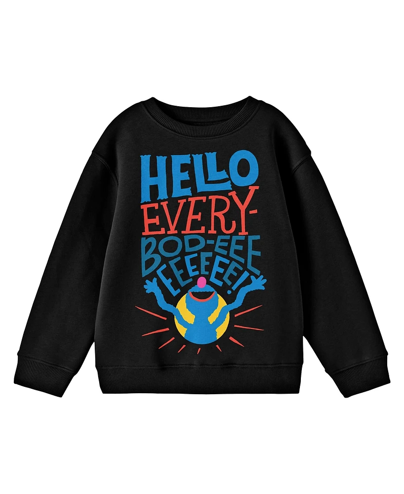 Sesame Street Boys Bioworld Grover Hello Everybod-eee Youth Black Crew Neck Sweatshirt