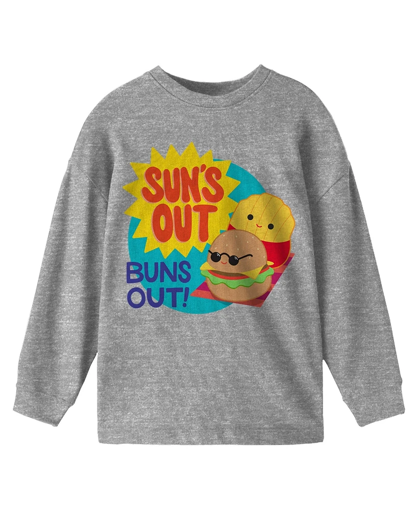 Squishmallows Boys Sun's Out Buns Crew Neck Long Sleeve Athletic Heather Youth Tee