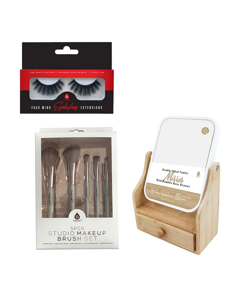 Pursonic Glamour Essentials Bundle: Studio Makeup Brush Set, False Eyelashes Extensions (single pack) and Dual-Sided Vanity Mirror - Assorted Pre