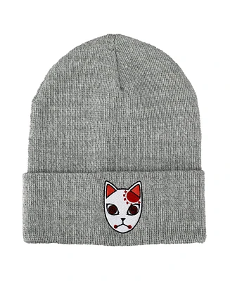 Demon Slayer Men's Tanjiro Fox Mask Athletic Heather Skull Knitted Embroidered Cuffed Winter Beanie