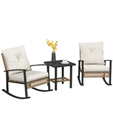 Outsunny 3 Piece Bistro Set with Rattan Rocking Chairs & Coffee Table White