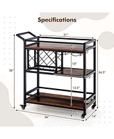 3-tier Bar Cart on Wheels Home Kitchen Serving with Wine Rack & Glass Holder