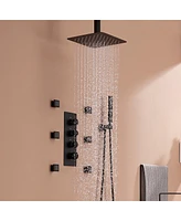 Mondawe 12" Ceiling Mounted Thermostatic Complete Shower System Set with Handheld Spray & 6 Body Jets, Brushed Gold