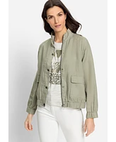 Olsen Women's 100% Linen High Collar Zip Front Jacket