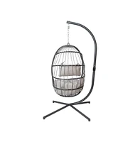 Merrick Lane Riley Foldable Woven Hanging Egg Chair With Removable Cushion And Stand For Indoor Outdoor Use