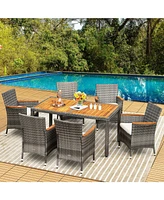 7 Pieces Patio Acacia Wood Cushioned Pe Rattan Wicker Dining Set