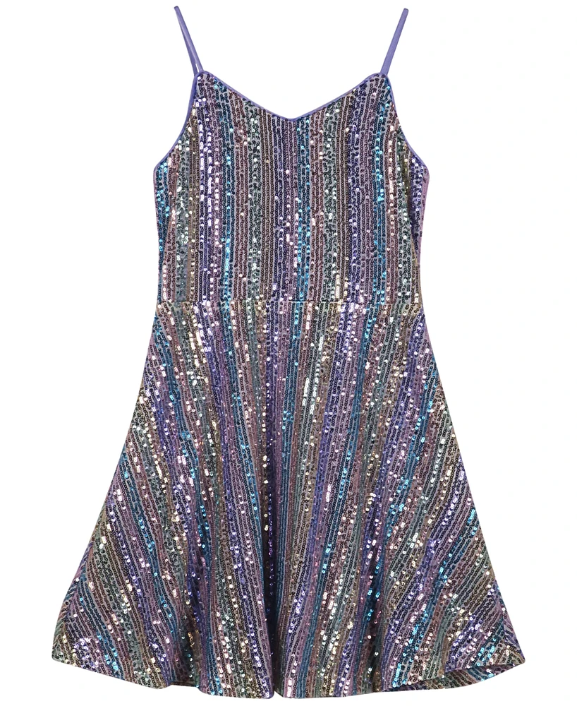 Pink & Violet Big Girls Strappy Sequinned Stripe Skater Dress