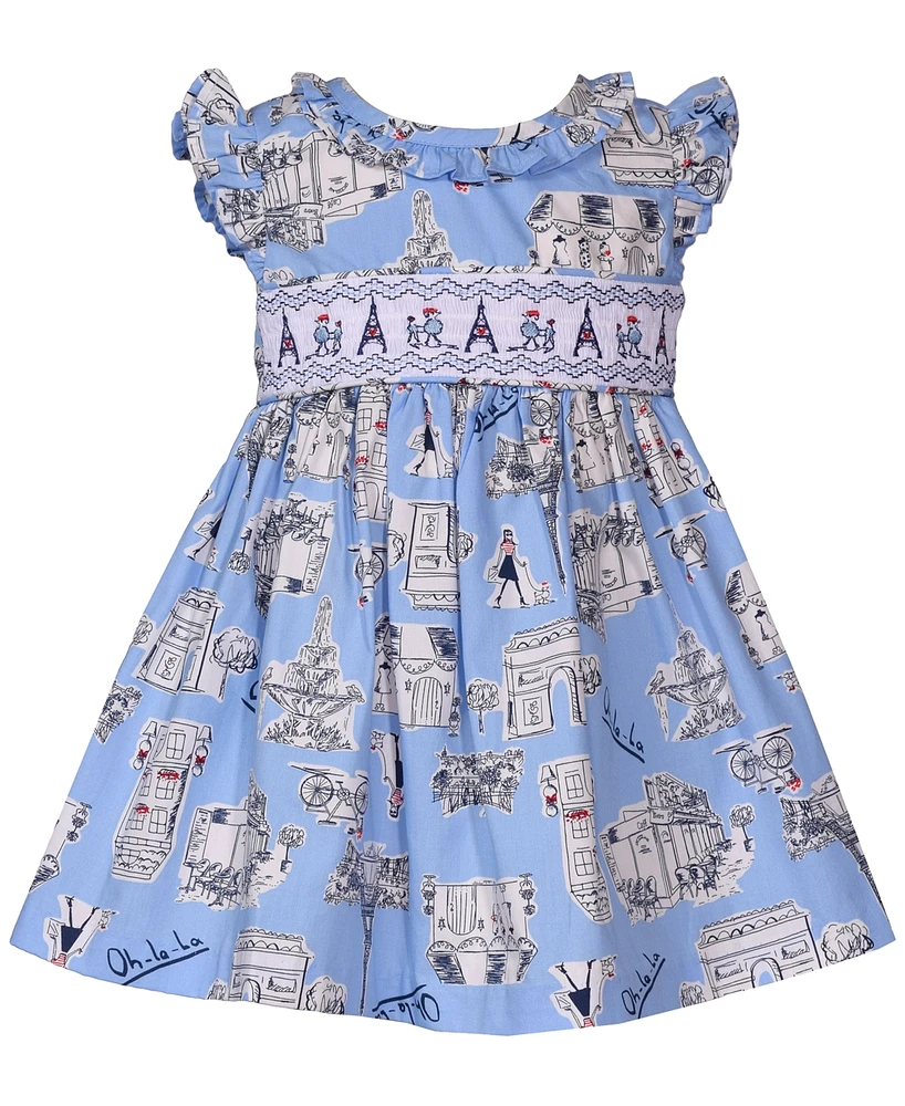 Bonnie Baby Girls Ruffled Paris-Print Poplin Dress