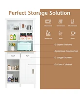 Freestanding Kitchen Pantry with Hutch Sliding Door and Drawer-White