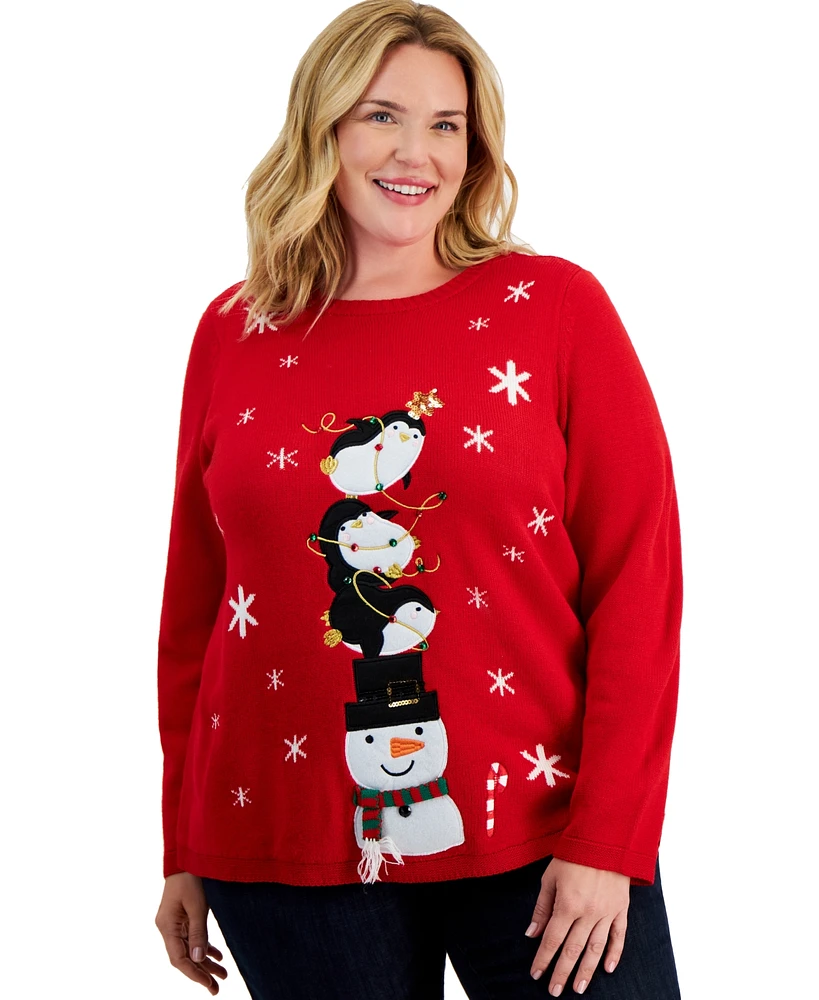 Holiday Lane Plus Penguin Appliqued Crewneck Sweater, Created for Macy's