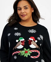 Holiday Lane Plus Merry Robins Embellished Sweater, Created for Macy's