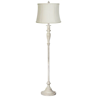 360 Lighting Traditional Vintage like Shabby Chic Standing Floor Lamp 60" Tall Antique White Washed with Cream Burlap Fabric Drum Shade Decor for Livi