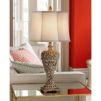Regency Hill Elle Traditional Antique Table Lamp 33" Tall Classic Gold Open Scroll Bronze Off White Oval Shade Decor for Living Room Bedroom House Bed